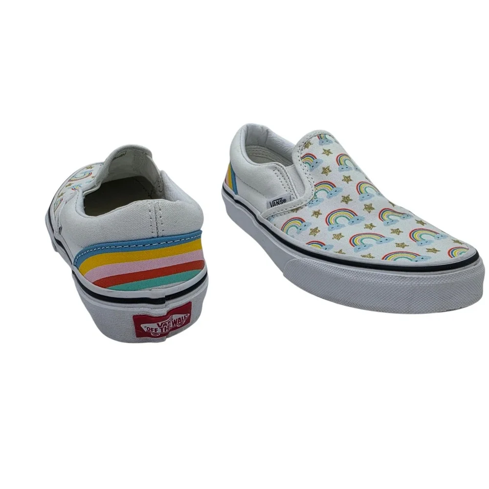 Vans Kids Classic Slip-On Rainbow Star Glitter White Canvas Shoes Size‎ 2.5 Kids